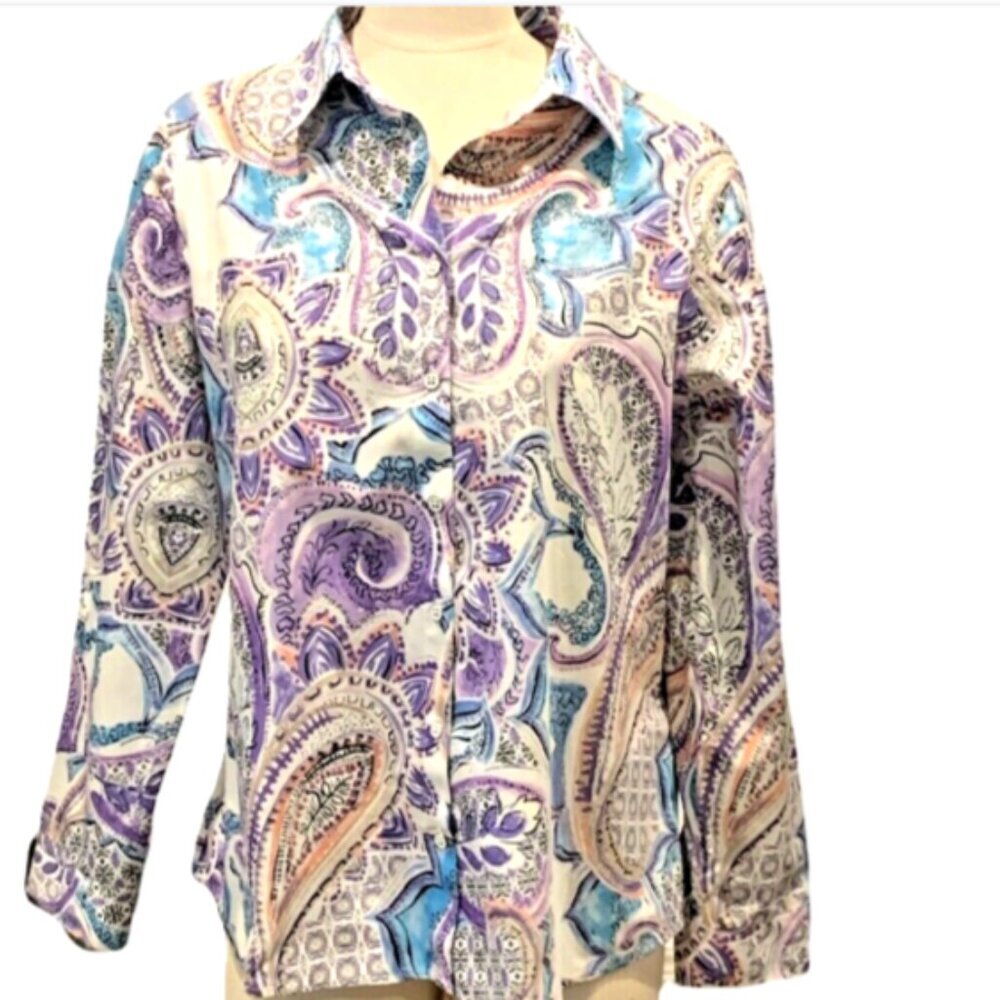 Chico's No-Iron Button Front Blouse Paisley Print Sz 2 (L/12) #201A - Picture 2 of 12